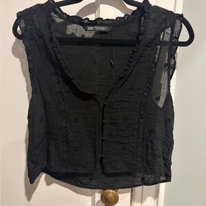 Zara Black Sheer Lace-Trim Button Front Camisole